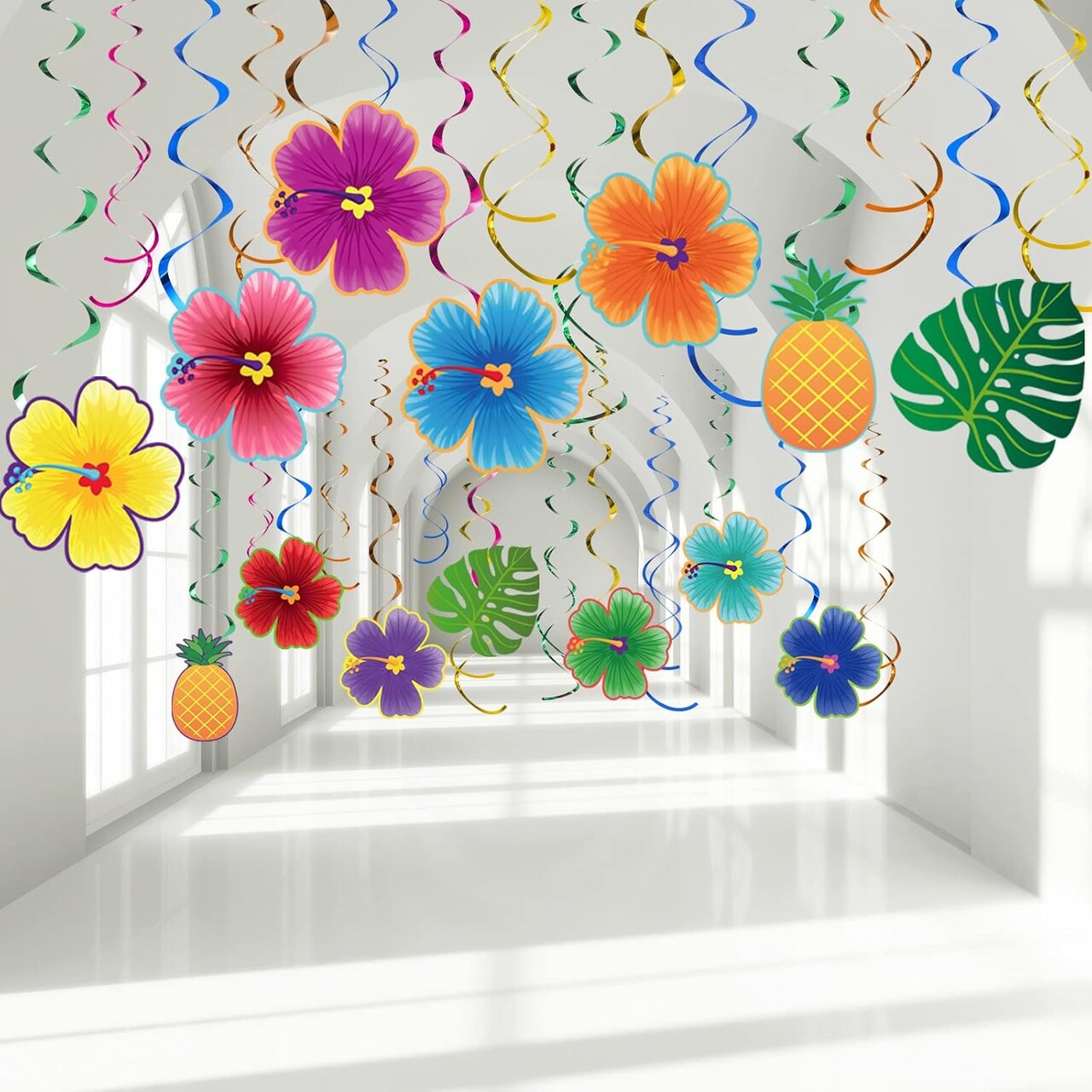 30-Piece Hawaiian Luau Party Hanging Swirls – Tropical Hibiscus Flower Foil Ceiling Decorations for Summer Tiki, Beach, and Cocktail Party Decor